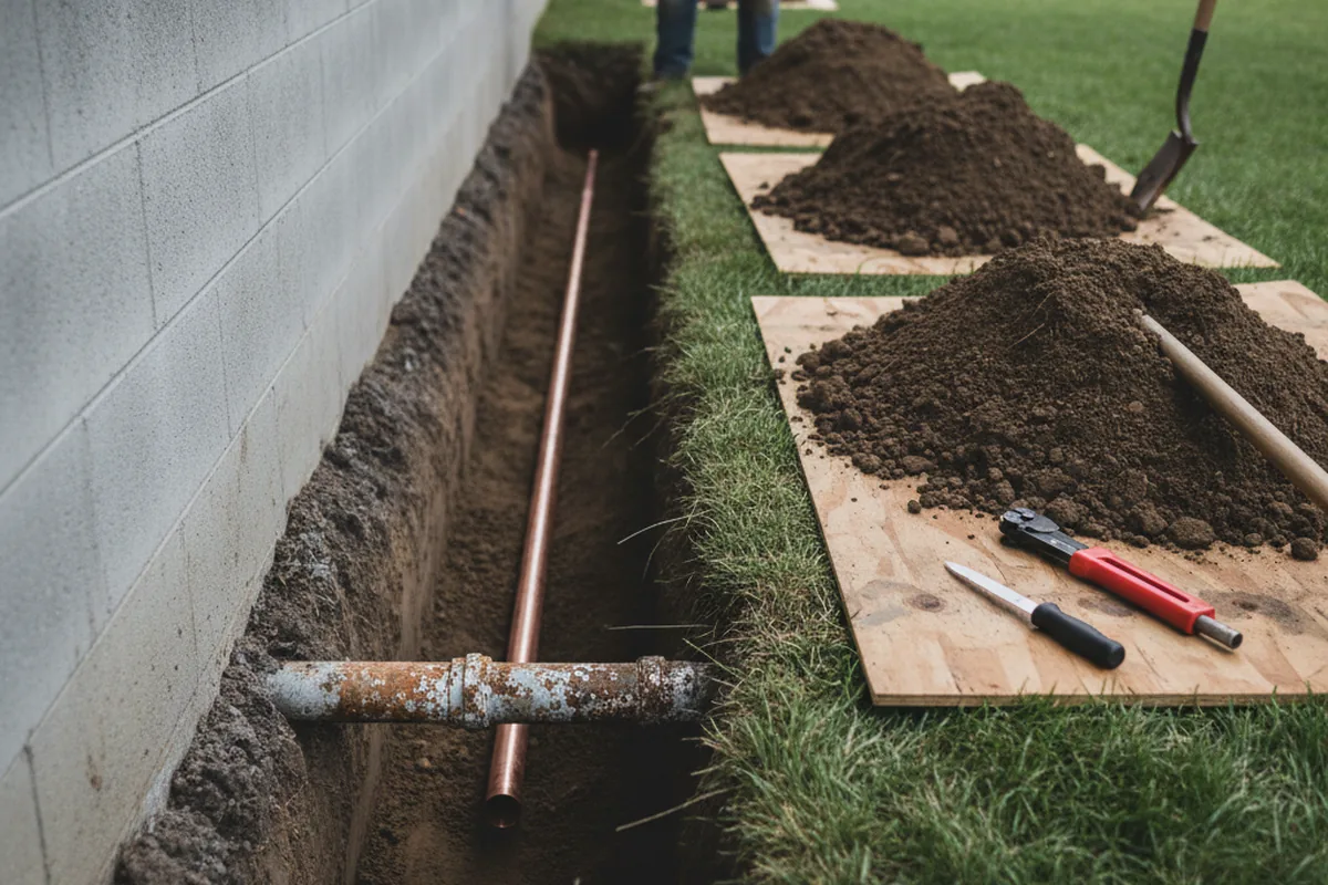 Excavated water line trench during Water Softener Installation in Oakton